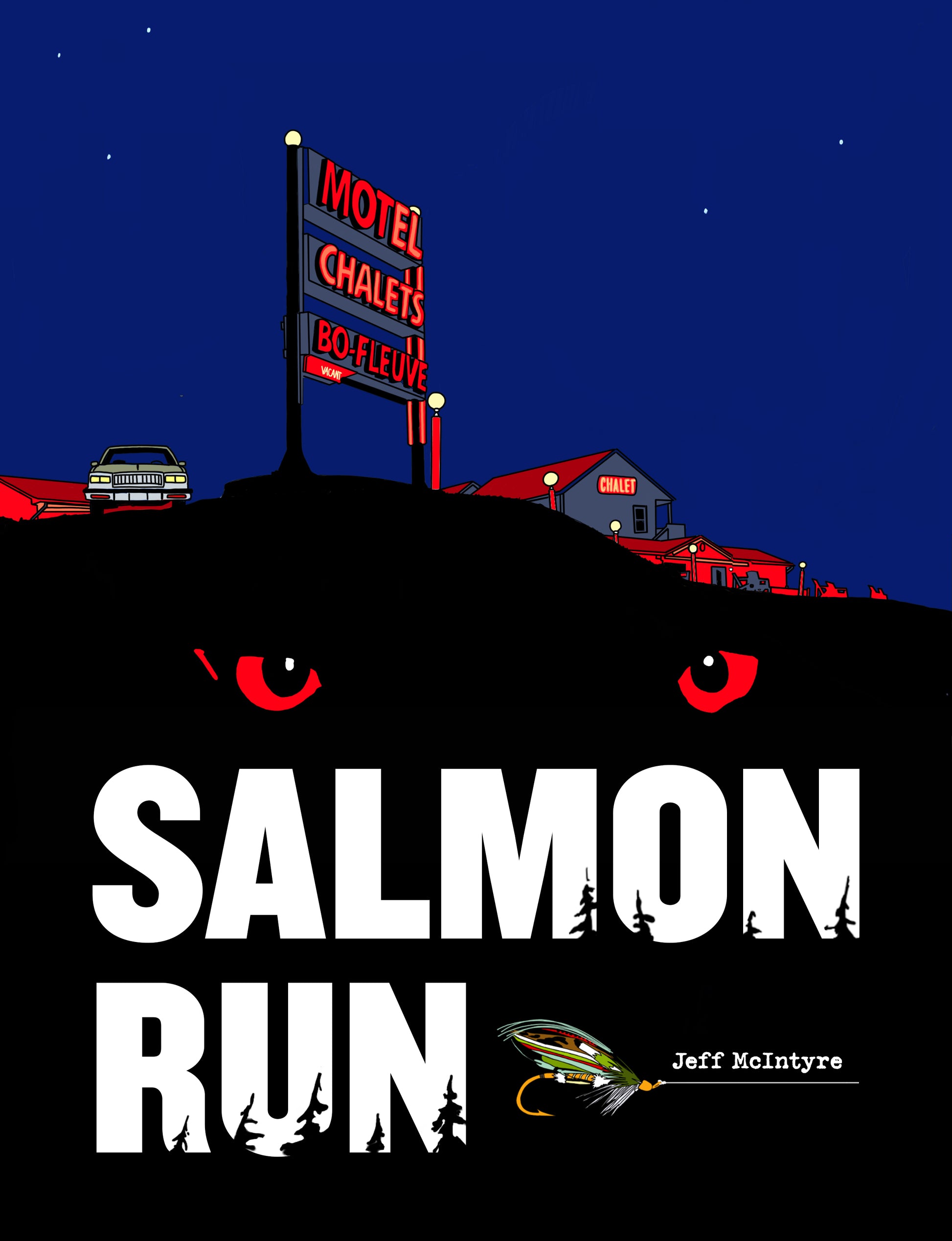 illustration of motel at dusk with red wolf eyes underneath and above title Salmon Run 